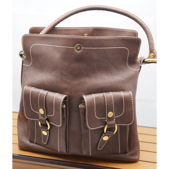 CELINE Vintage Shoulder Bag Brown Leather Gold Triomphe Fold over Handbag - Picture 8 of 13